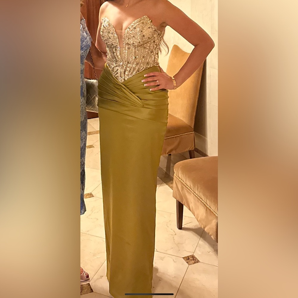 Gold & Olive green gown.